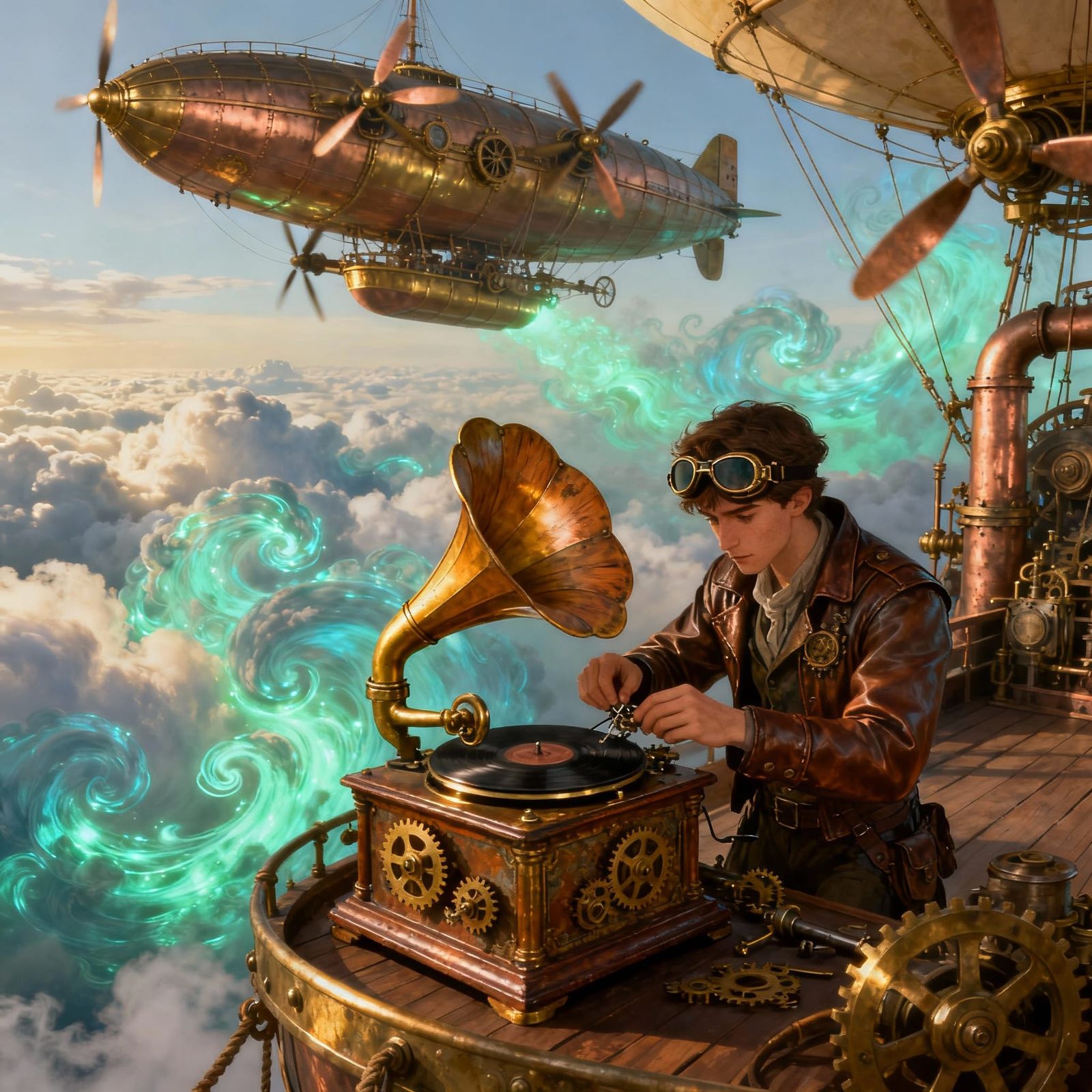 Steampunk Airship Repairs Old Gramophone in Luminescent Clou...