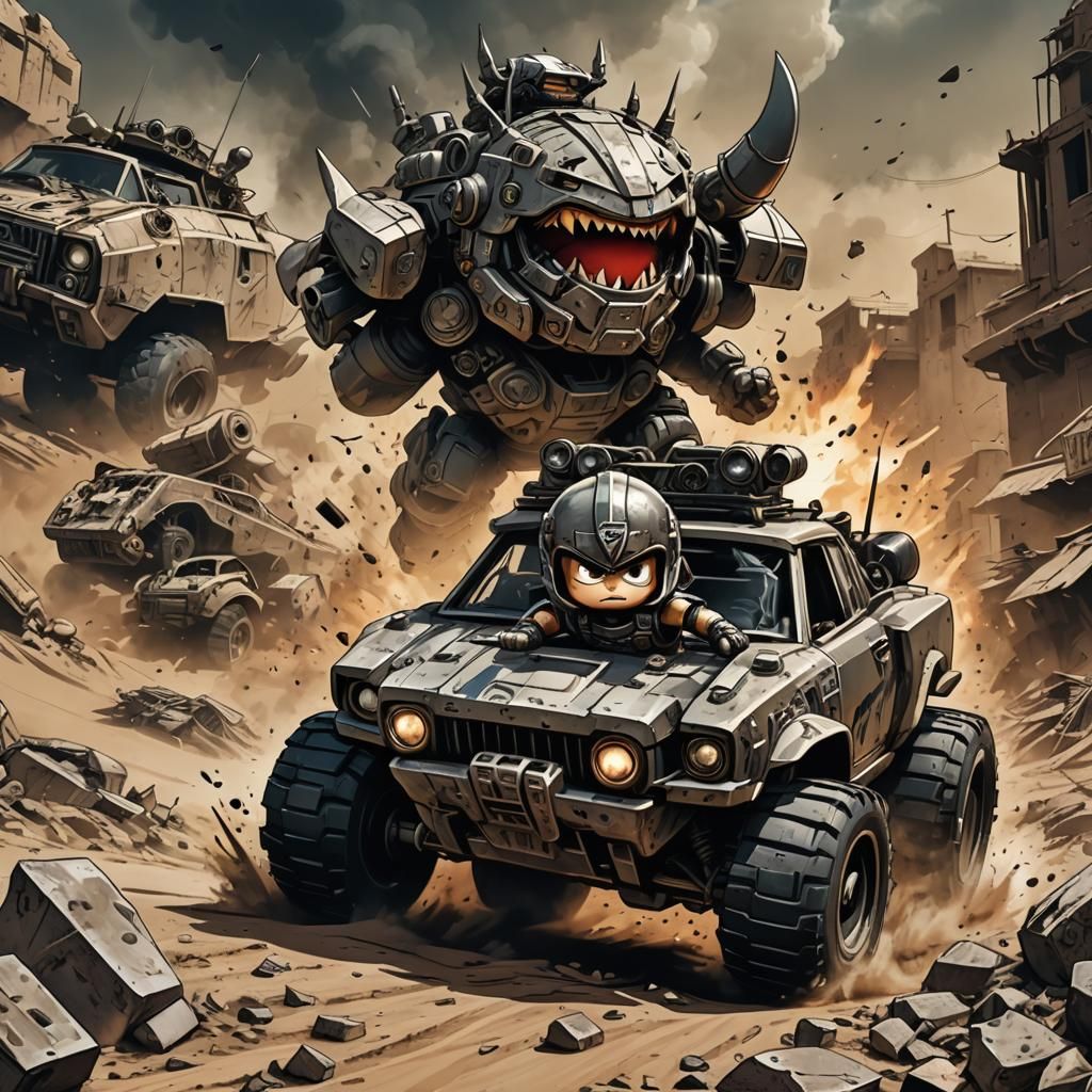 Chibi Warrior Races Mustang Tank in Apocalyptic Wasteland