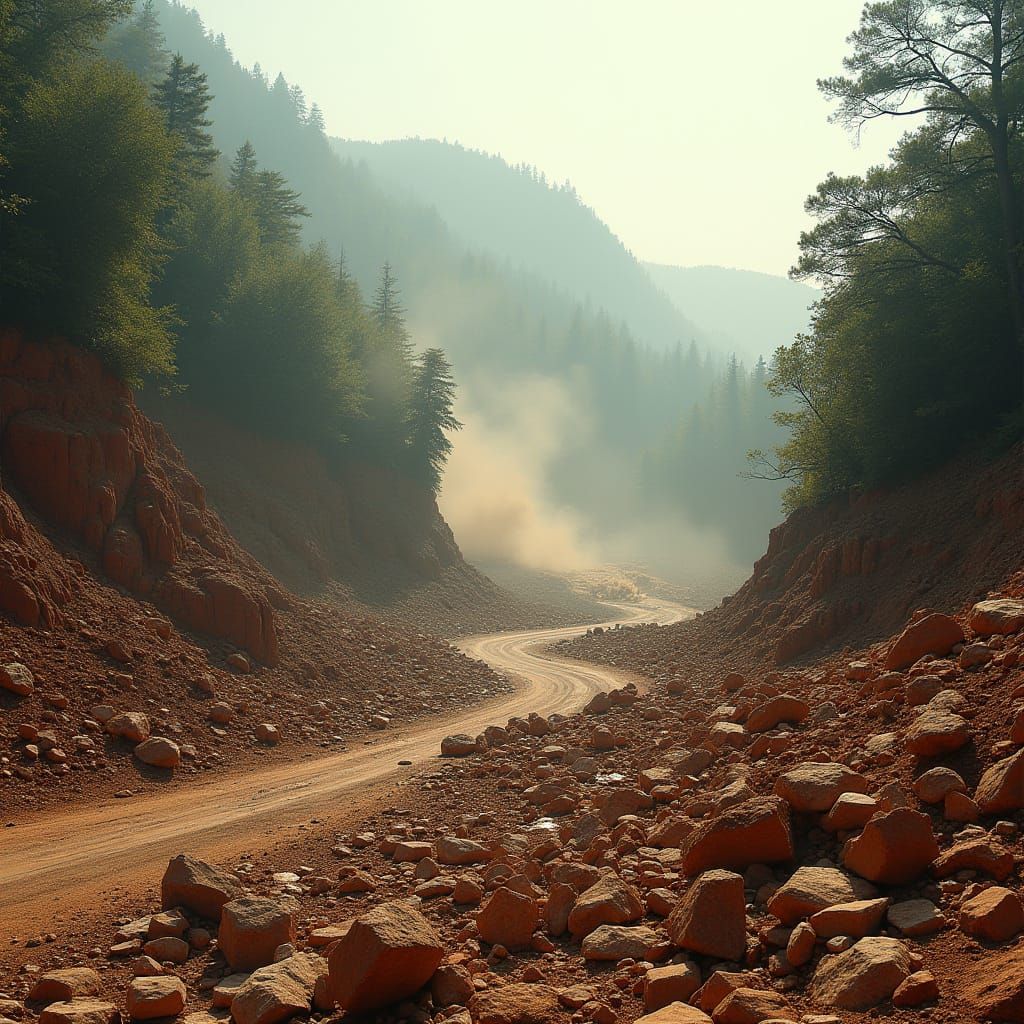 Photorealistic Mountain Rockfall Blocks Road