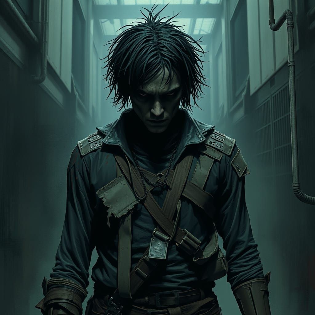 Brooding Figure in Industrial Landscape, Cinematic Art