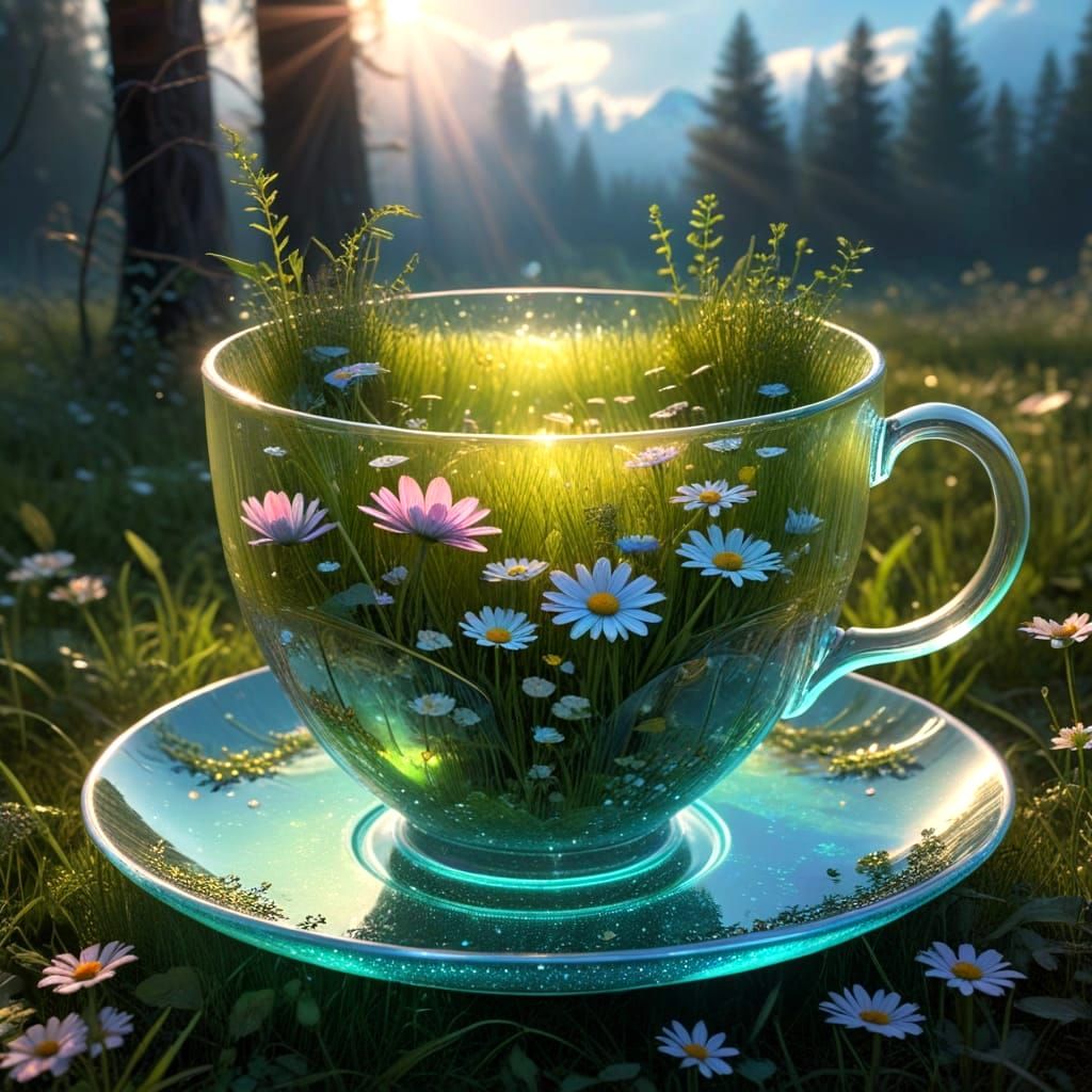 Mystical Teacup Meadow Unfolds in Vibrant Light