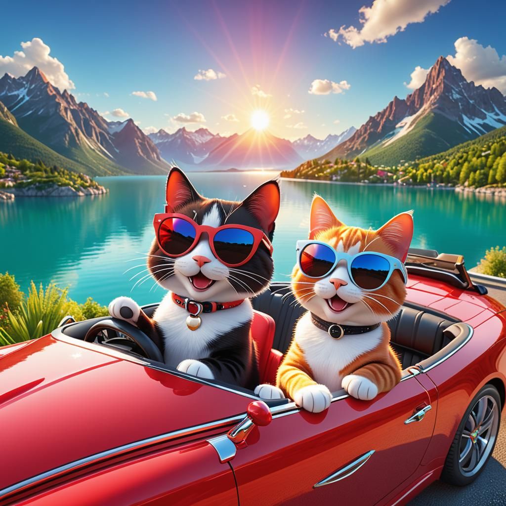 Cats on Vacation in a Red Convertible Car