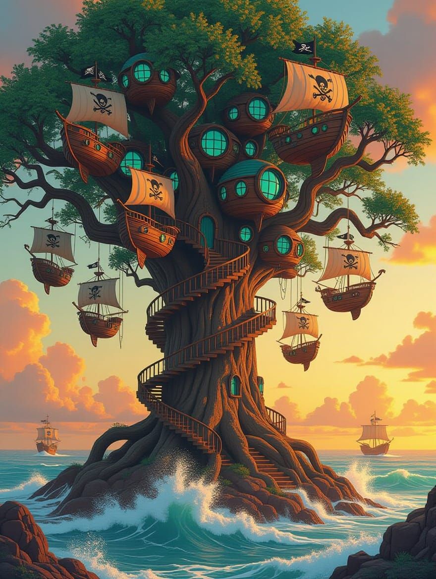 Pirate Ships in Ancient Tree, Hyperdetailed Matte Painting