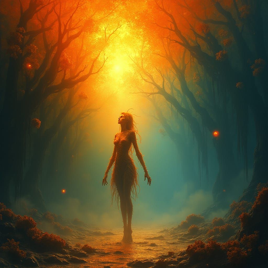 Dreamlike Figure Suspended in Surreal Landscape