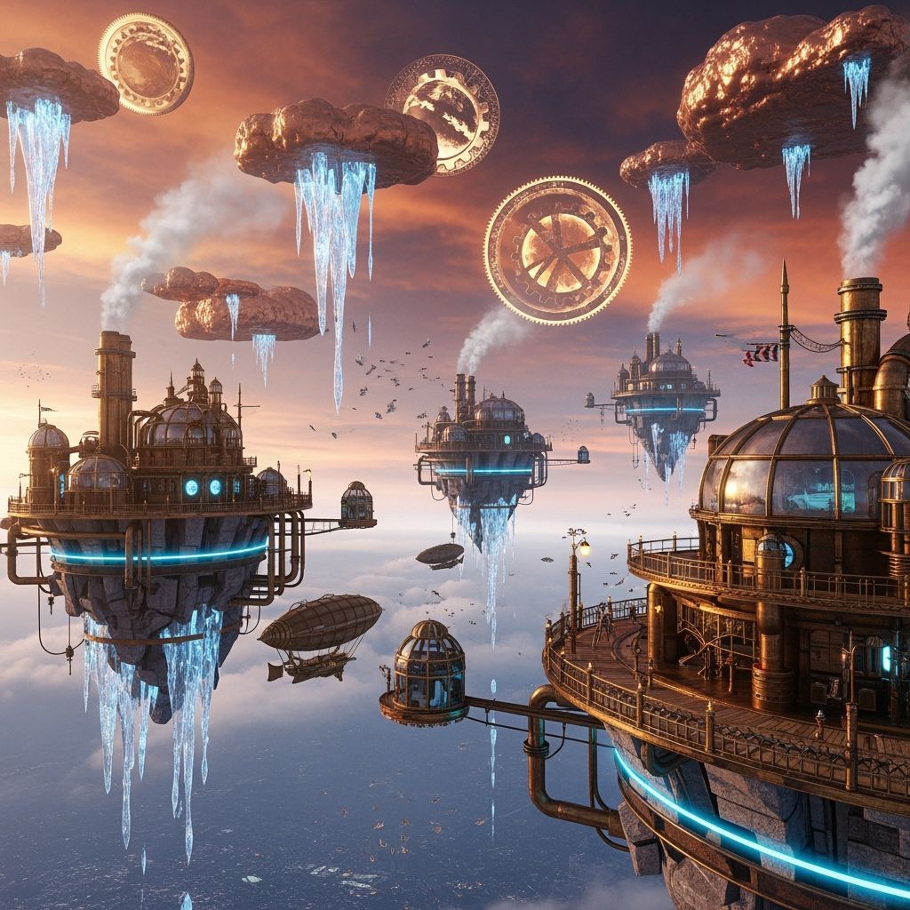 Steampunk Floating Islands in Copper Sky