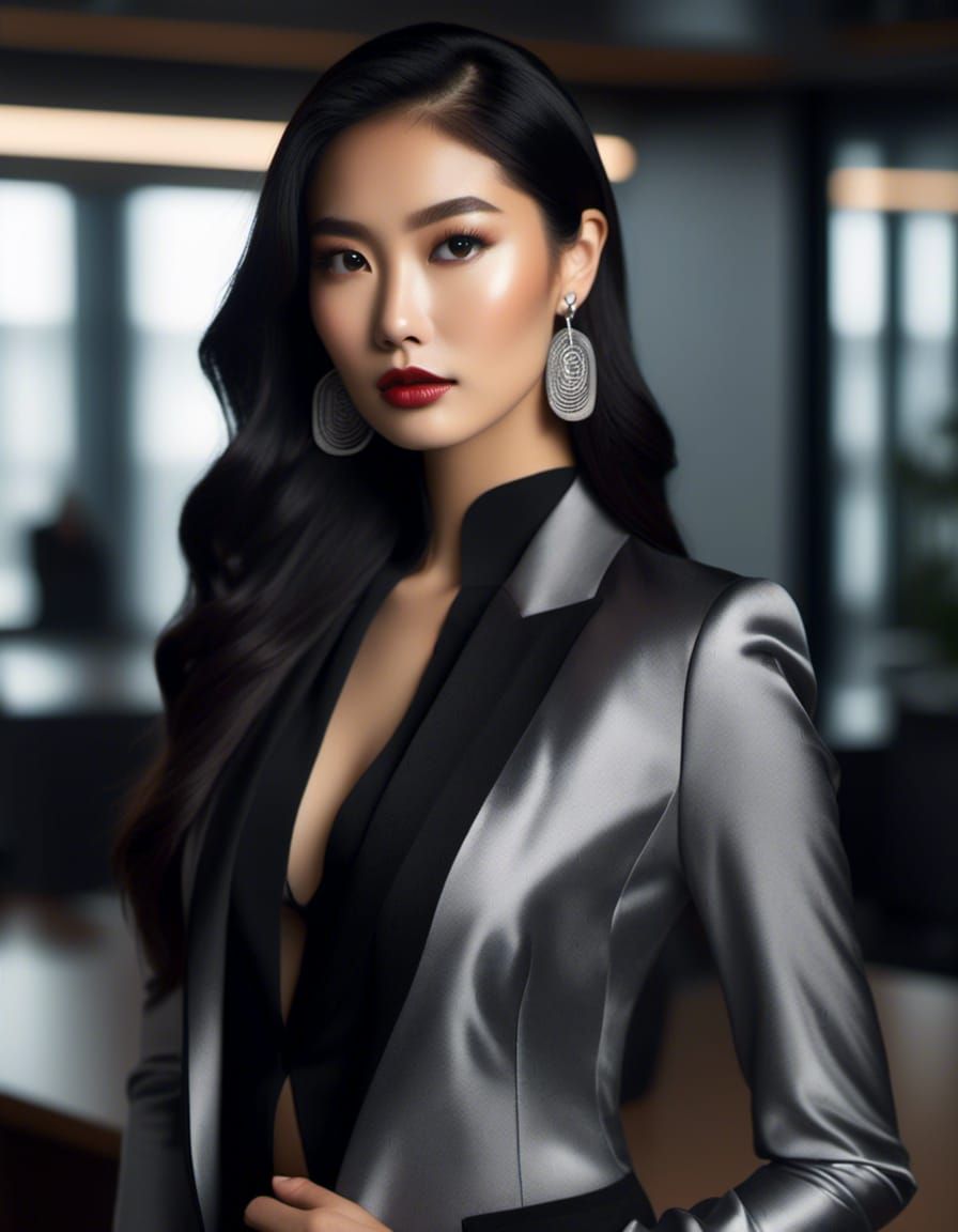 Portrait of a Beautiful silver eyed Asian heritage woman with long flowing black hair wearing solid black and silver Jap...