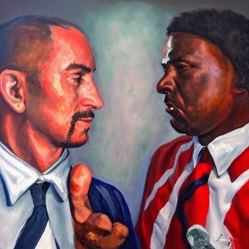 Dramatic Oil Painting of Two Figures Facing Off