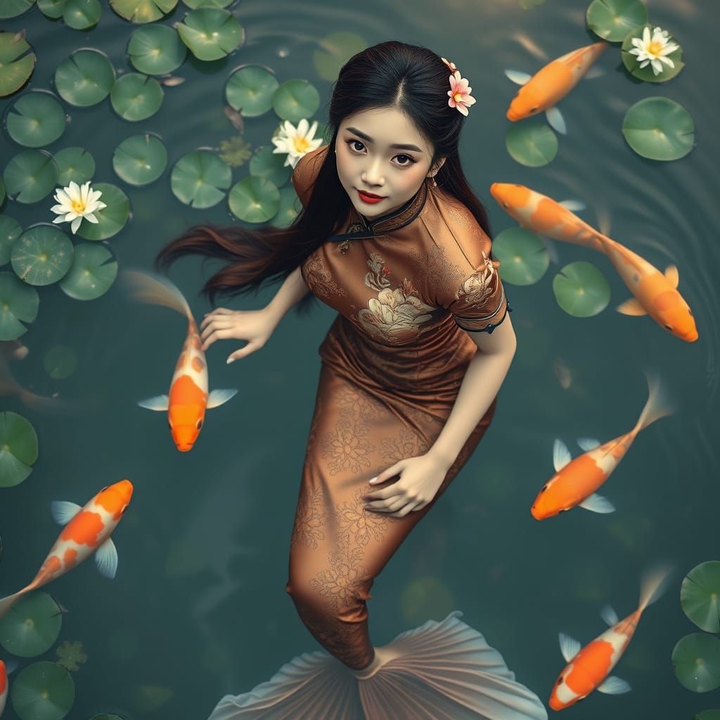 Serene Koi Pond Mermaid in Photorealistic Style