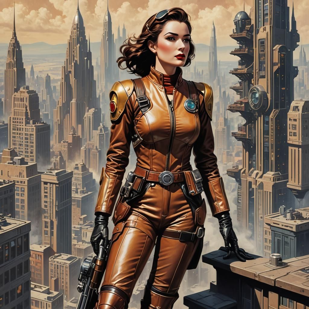 Retro Sci-Fi Pinup Girl in Art Deco Metropolis