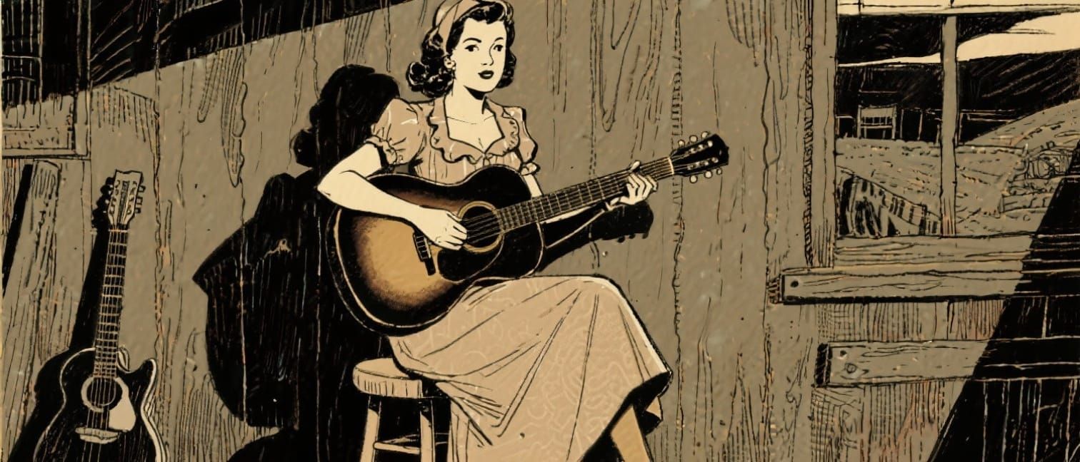 Woman with Guitar in Noir-Inspired Country Setting
