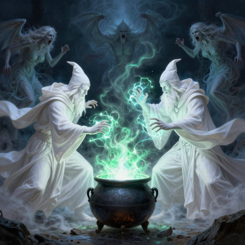 White Wizards Battle with Arcane Energy in Ethereal Mist