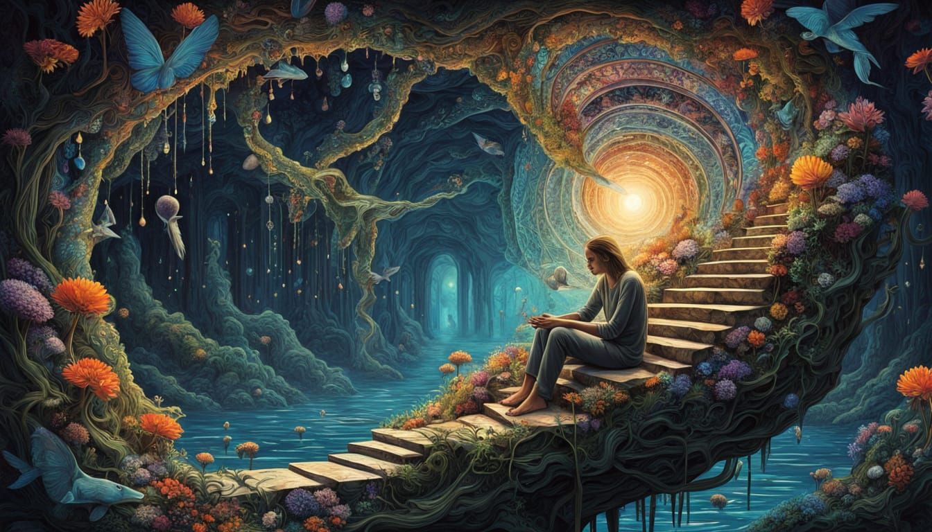 Dreamer Asleep in Crystalline Geode with Rainbows