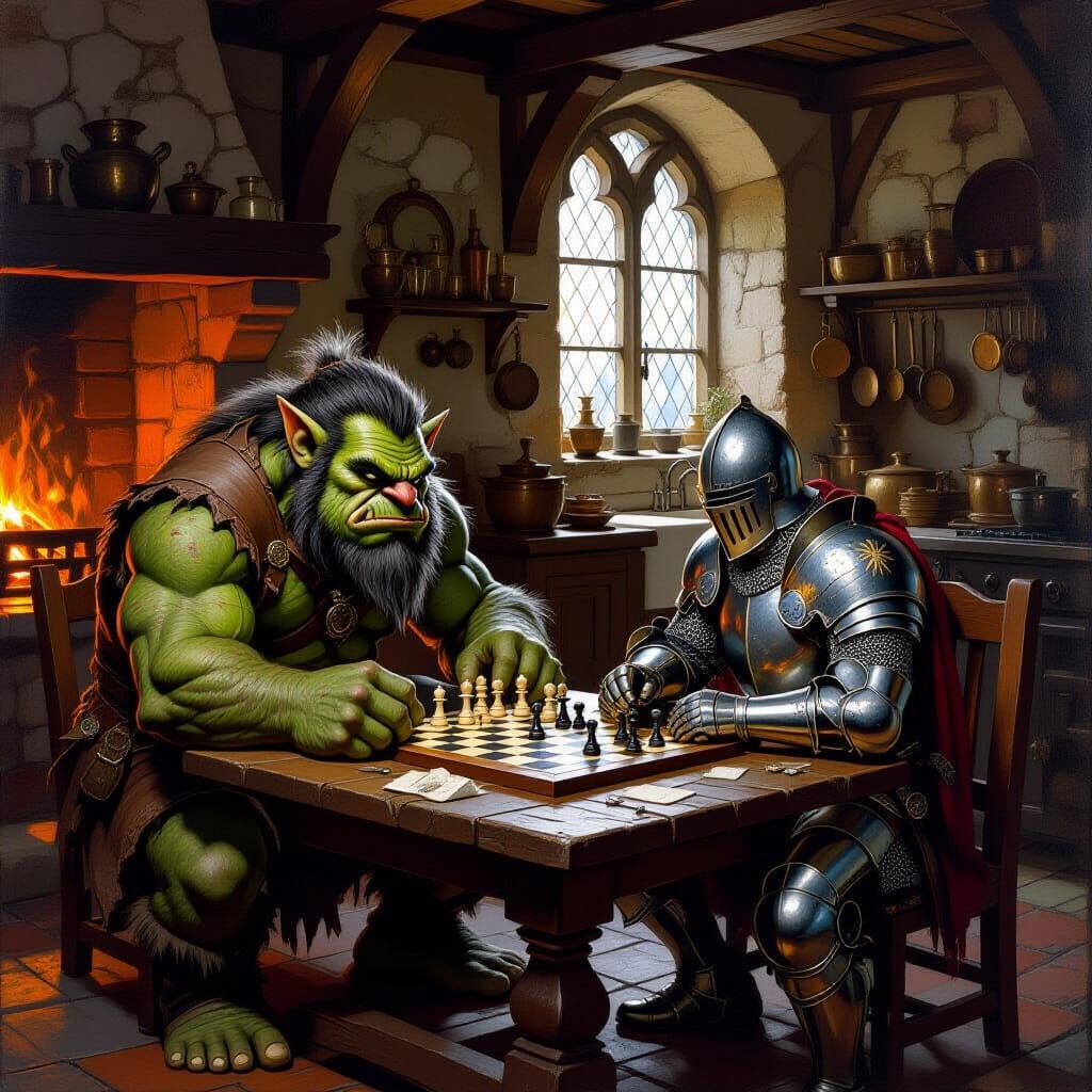 Troll and Knight Play Chess in Medieval Kitchen