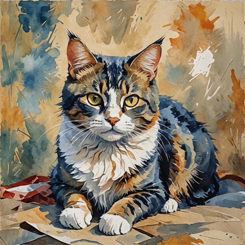 Impressionist Cat in Gouache and Watercolor Painting
