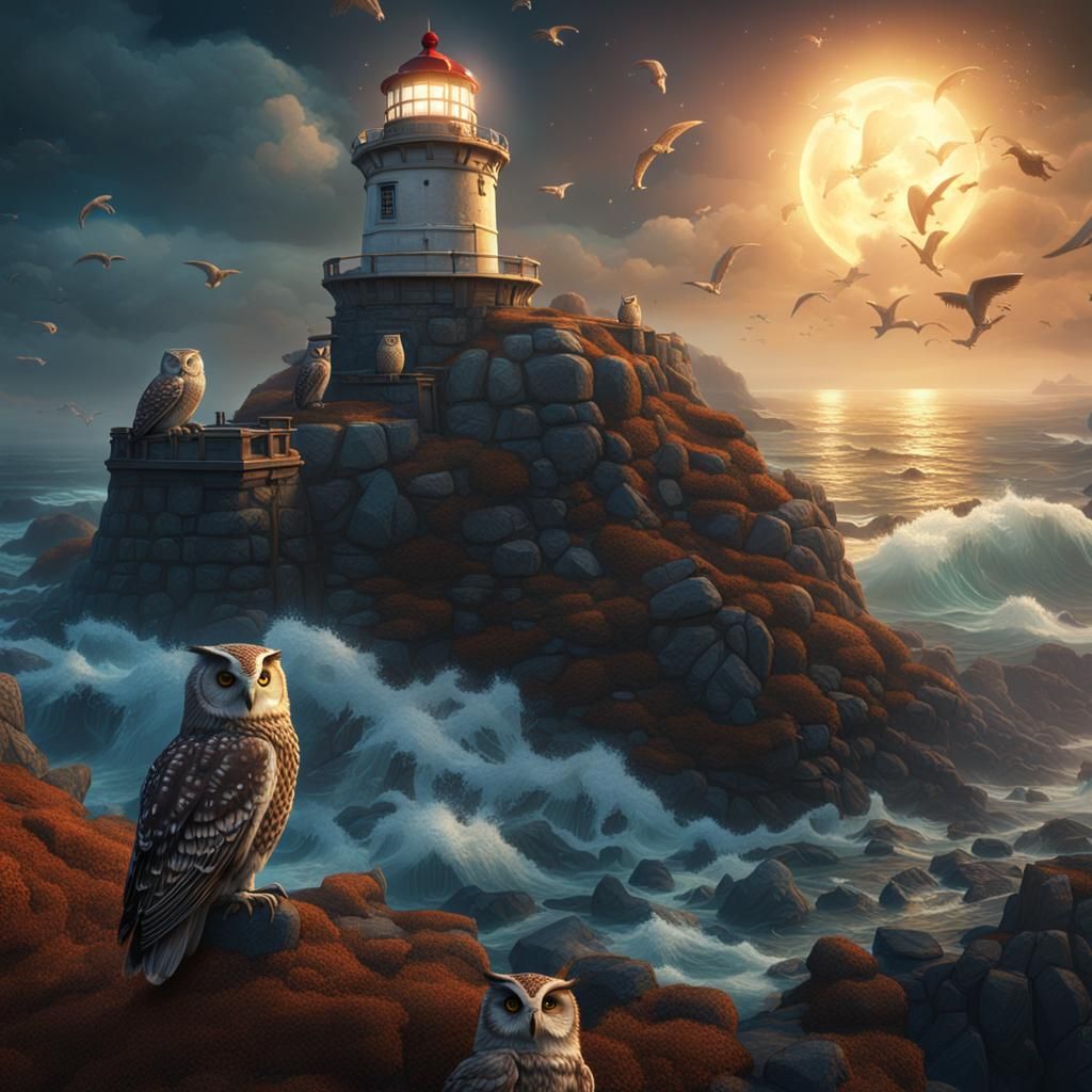 Owls Guarding Lighthouse: Fantasy Concept Art