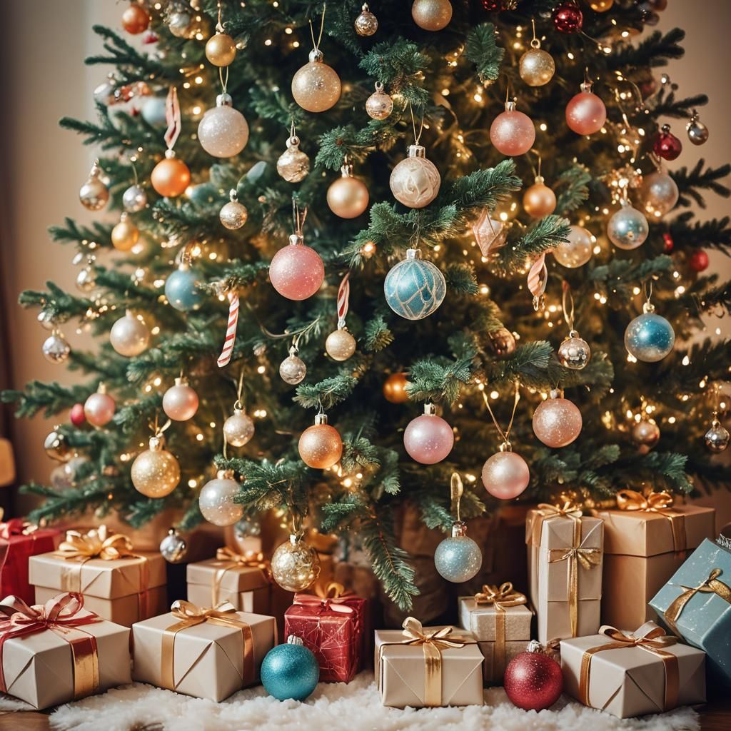 Festive Christmas Tree Macro Photograph in Cozy Living Room