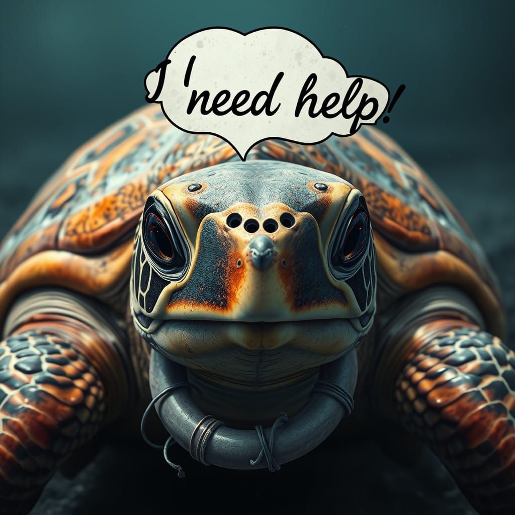 a striking image of a sea turtle with a plastic ring around ...