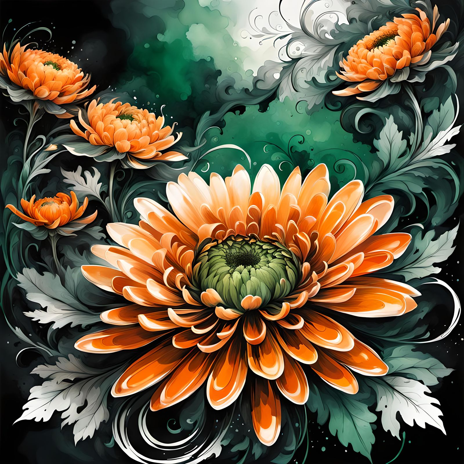Orange Chrysanthemum Fractal Filigree Ink Masterpiece
