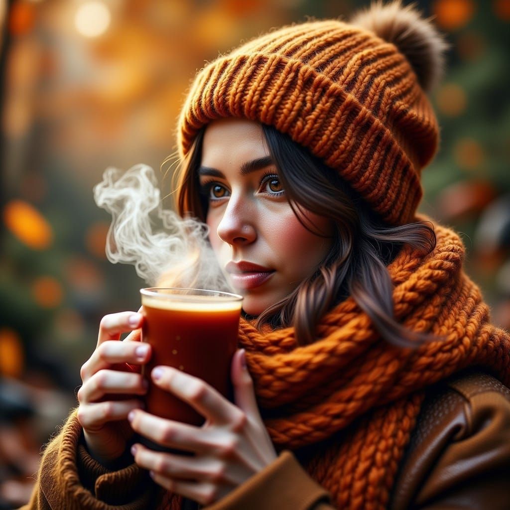 Cozy Autumn Scene with Cider and Wool Scarf