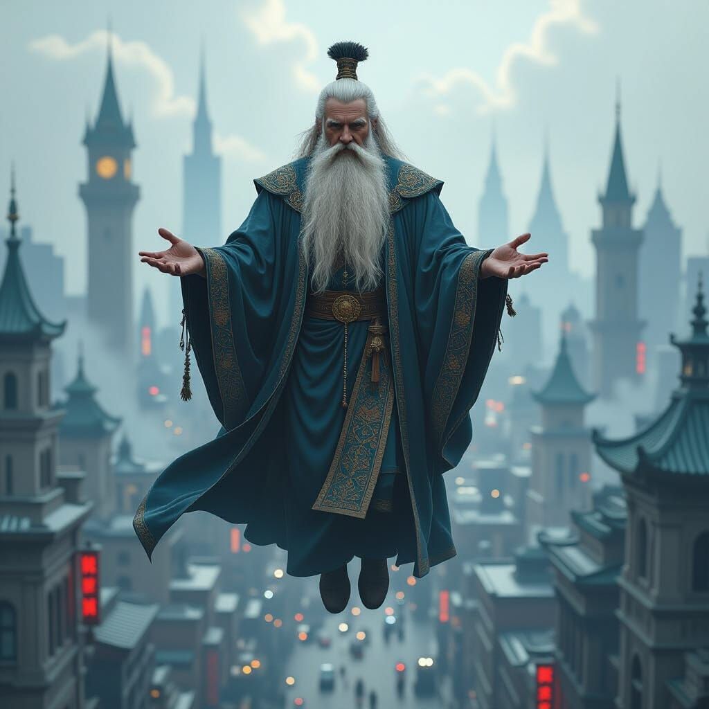 Levitating Chess Master Above Metropolis in Digital Art Styl...