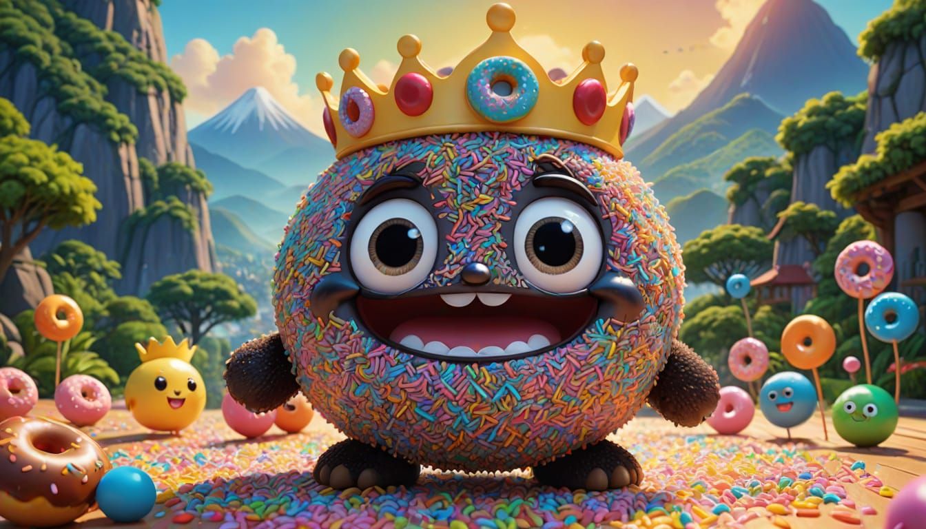 Happy Kawaii Donut on Rainbow Sprinkles, 3D Render