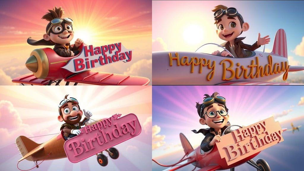 Pixar-Style Cartoon Mascot Drives a Biplane with a Happy Bir...