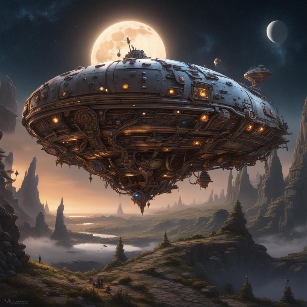 Steampunk Spaceship Rebellion Under Giant Moon in Digital Ar...