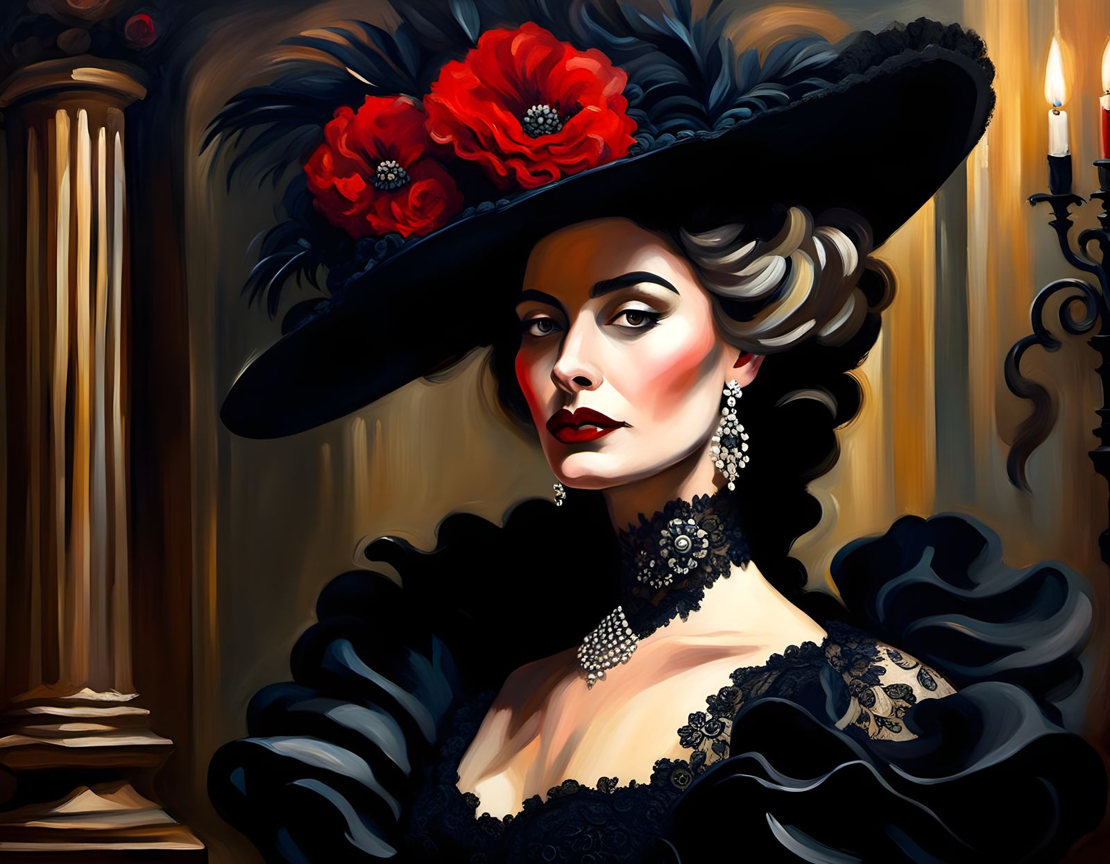 Elegant Woman in Black Gown: An Oil Painting