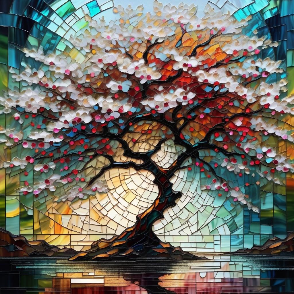 Filigree Fractal Cherry Tree in Stained Glass