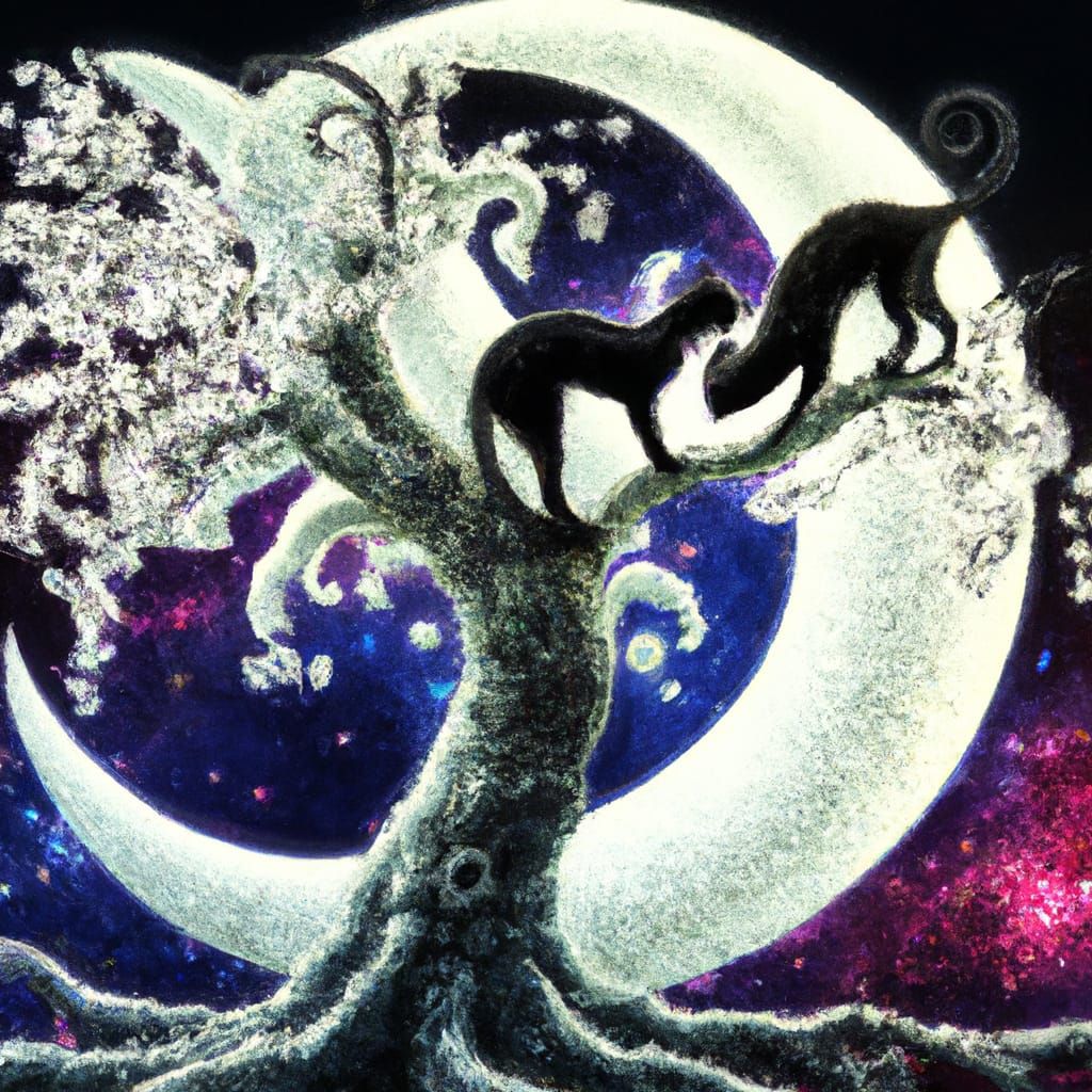 Cats Snuggling Under Moonlit Blossoms