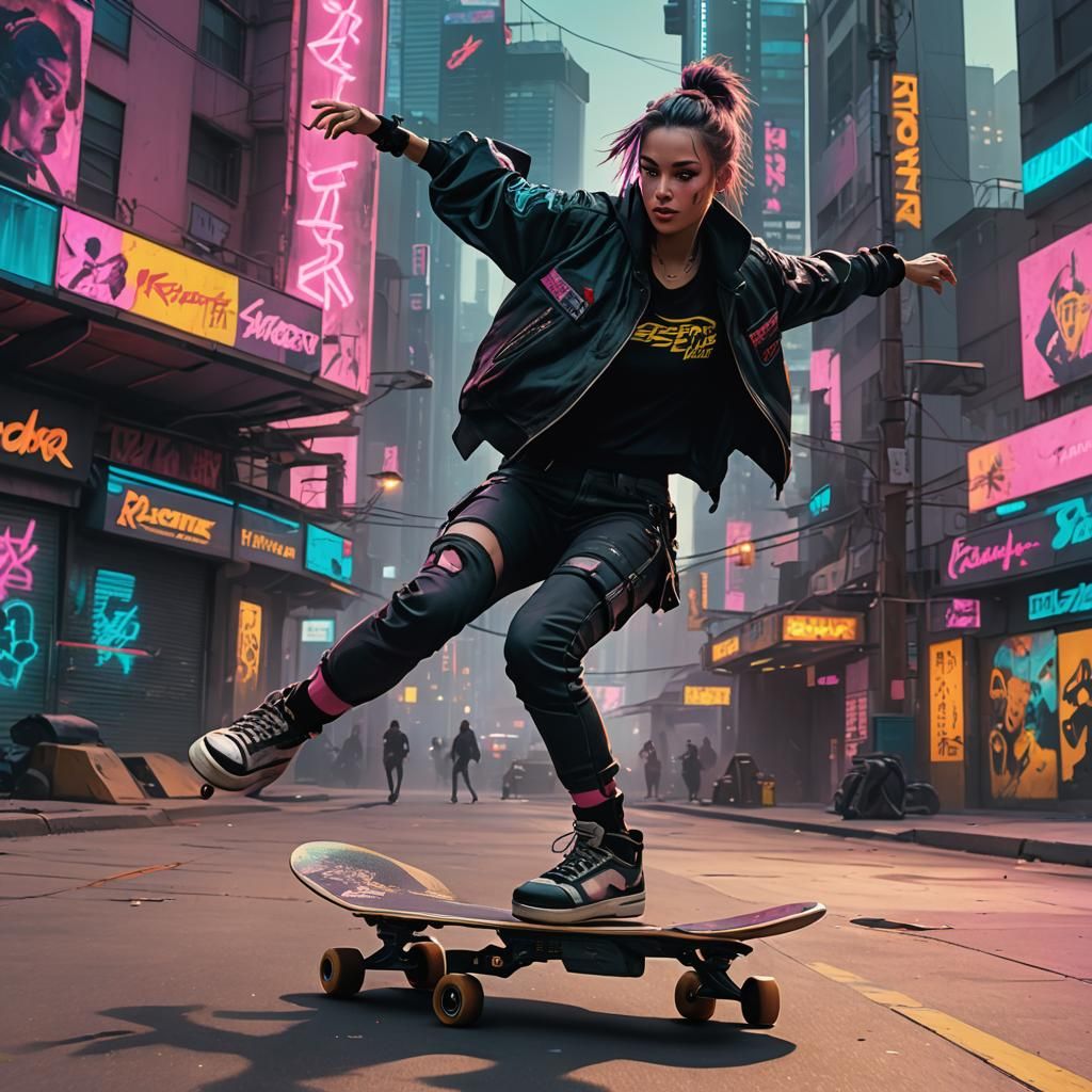 Cyberpunk Skateboarder Mid-Kickflip in Urban Setting