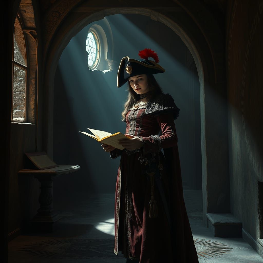 Stern Captain Studies Maps in Dark Fantasy Castle