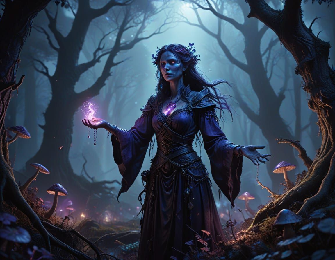 Mystical Forest Hag Conjured in Moody Atmosphere