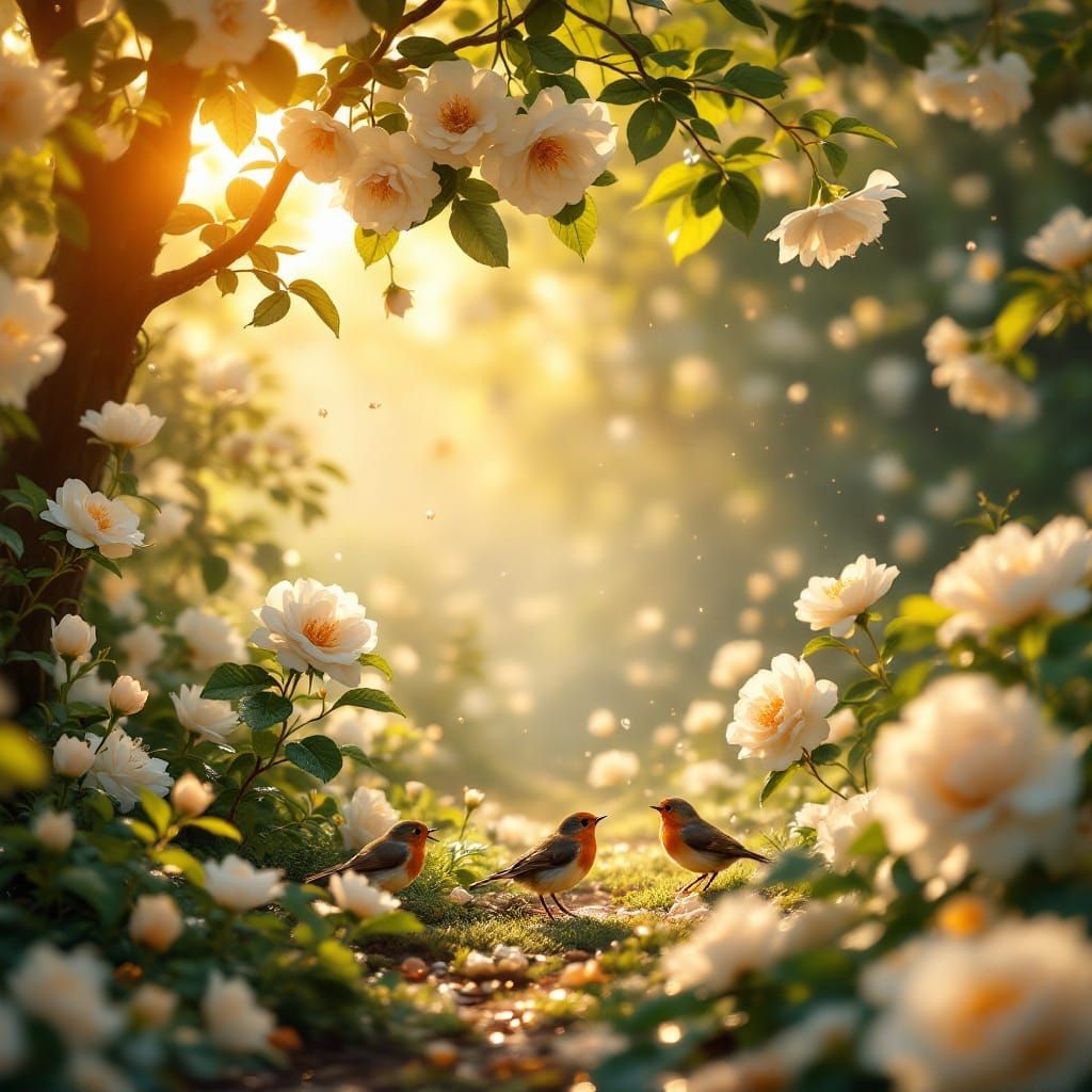 White Roses and Camellias in Idyllic Summer Scene with Robin...