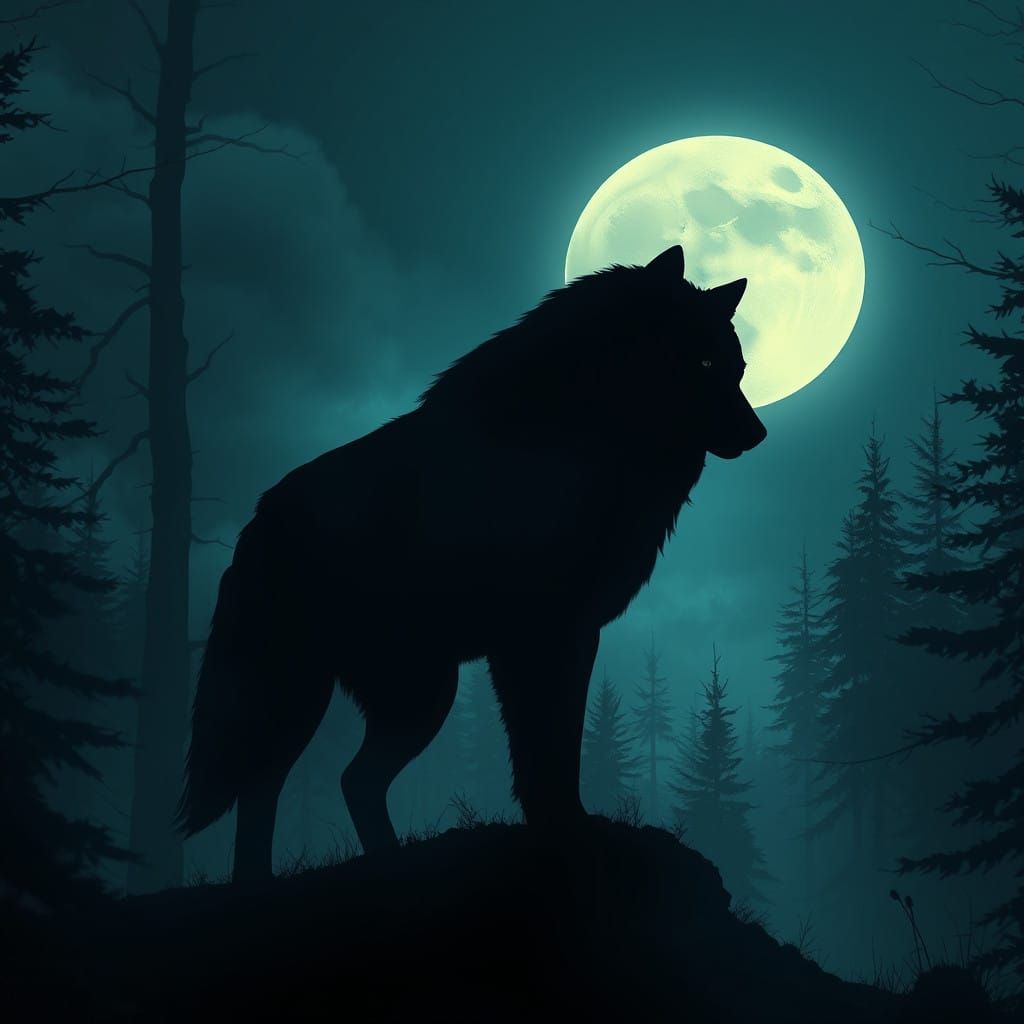 Moonlit Wolf Silhouette in a Haunting Forest Landscape