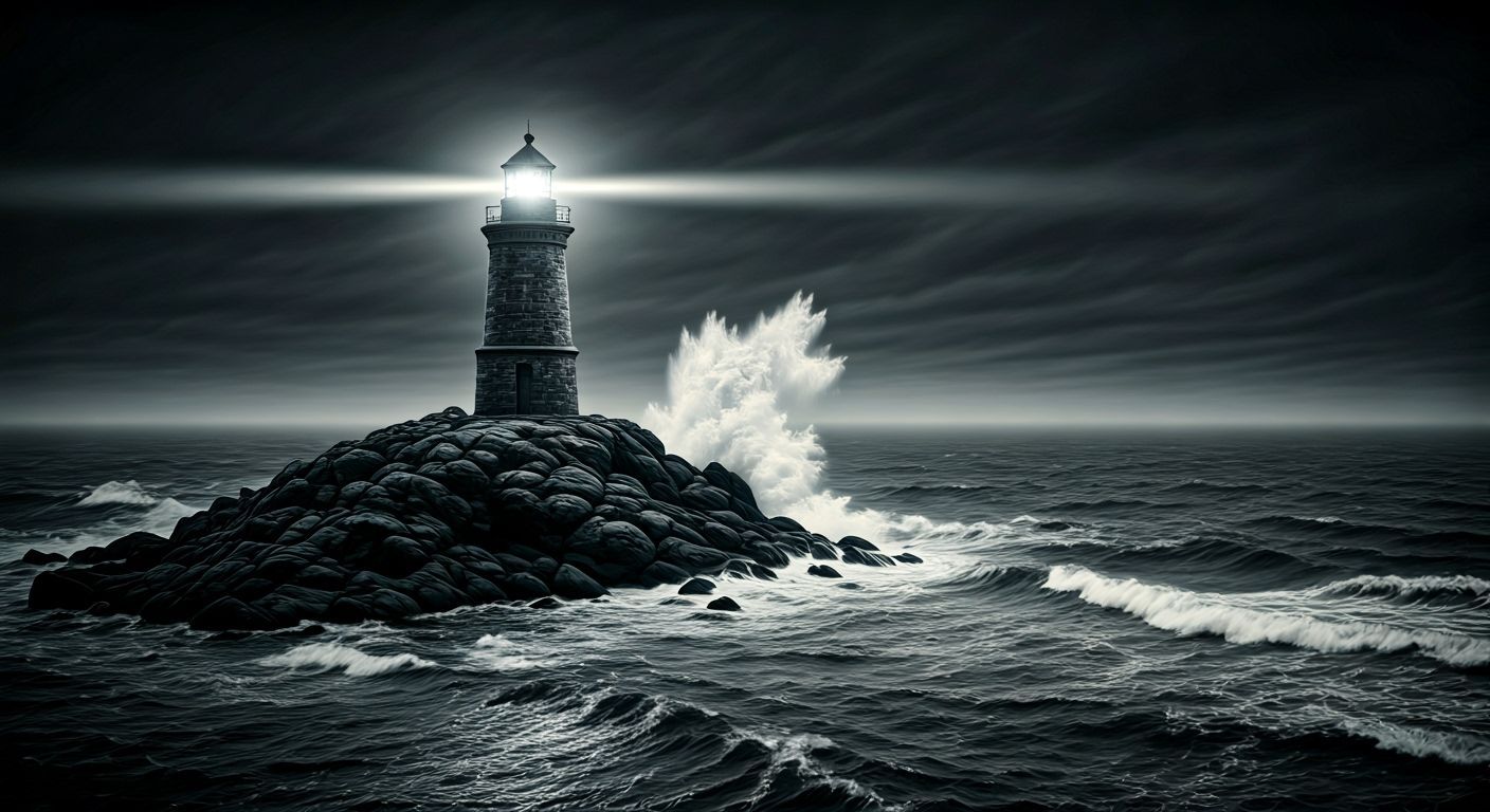 Lighthouse Beam Pierces Foggy Night Over Turbulent Sea