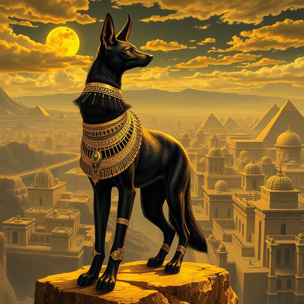 Regal Black Jackal in Gold Jewelry Stands on Cliff Overlooki...