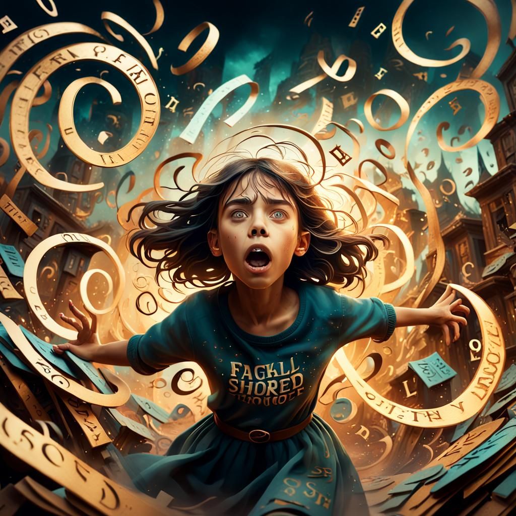 Frightened Girl Surrounded by Swirling Letters