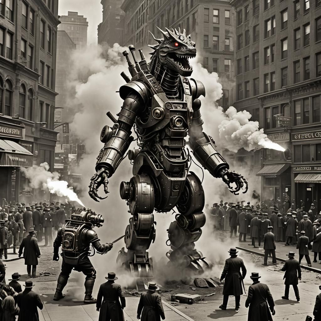 Steampunk Robot vs Godzilla in Retro New York