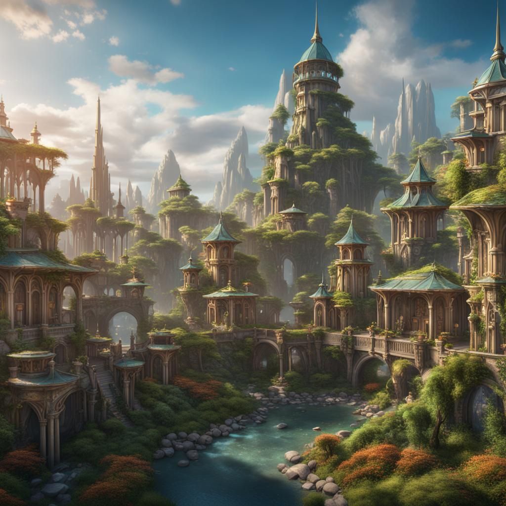 Elven Capital City with Gardens in Detailed Matte Painting