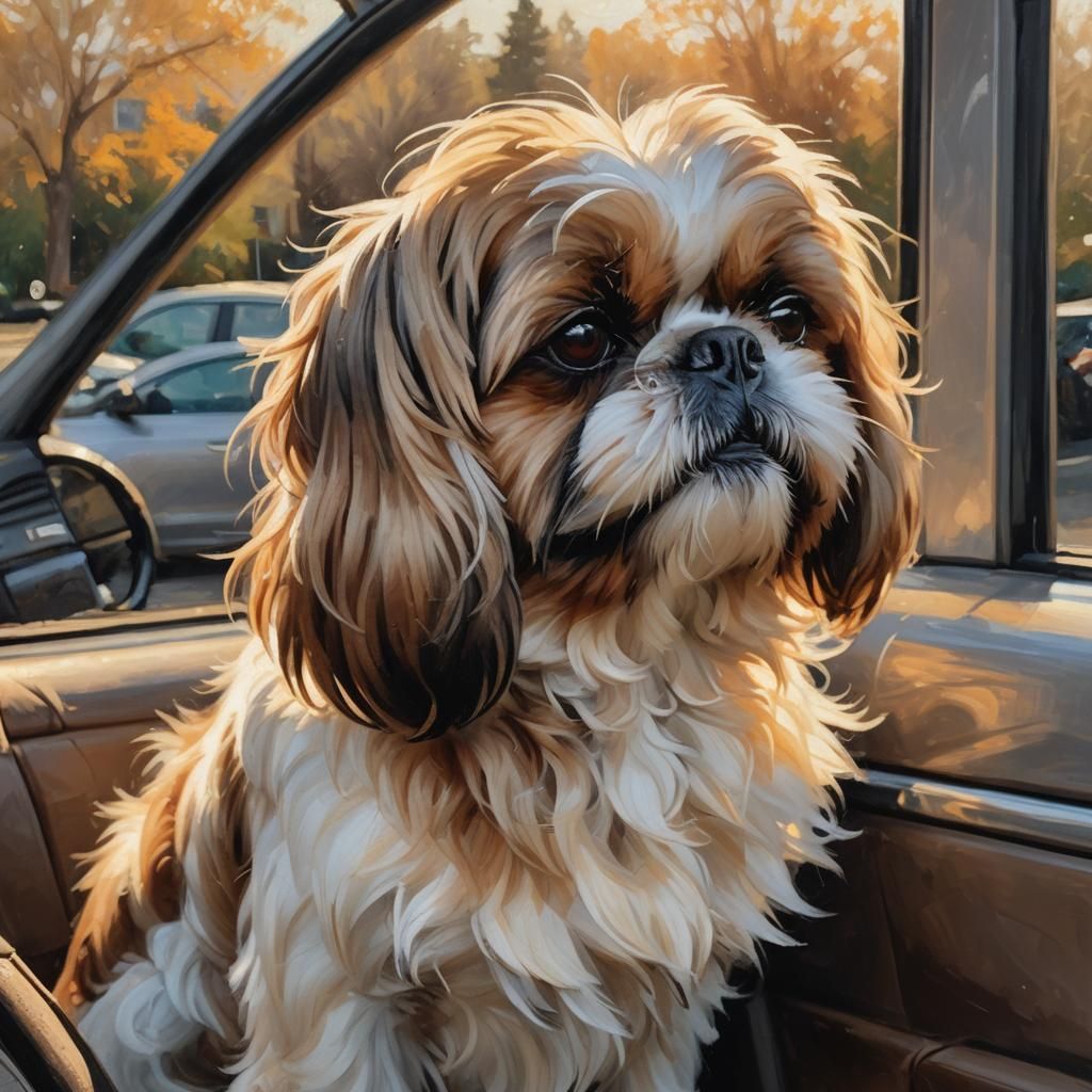 Shih Tzu Car Ride in Impressionist Oil Painting Style