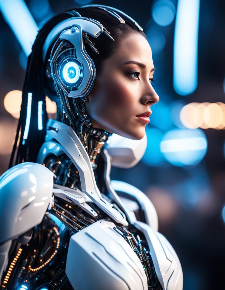Android Woman with Neon Lights and Cybernetic Body