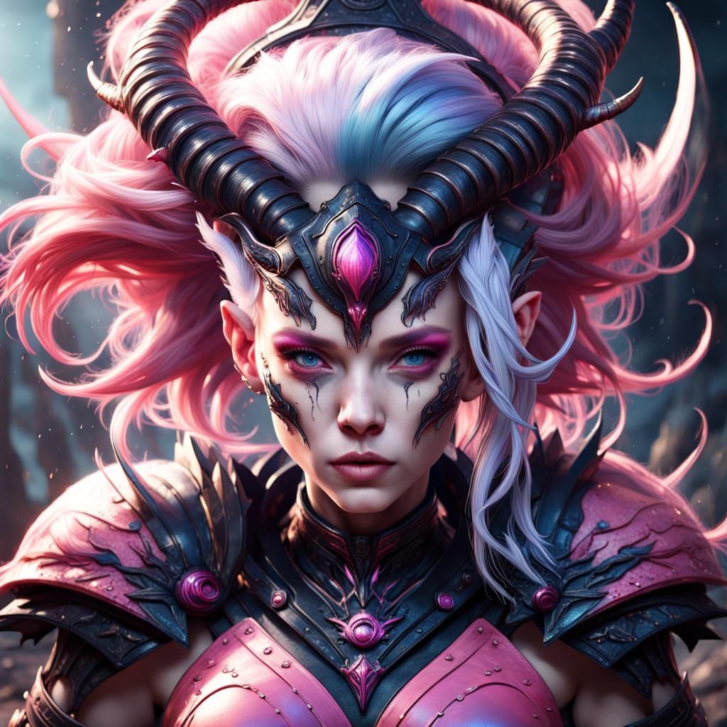 Alien Princess Warrior with Colorful Hair, Digital Art