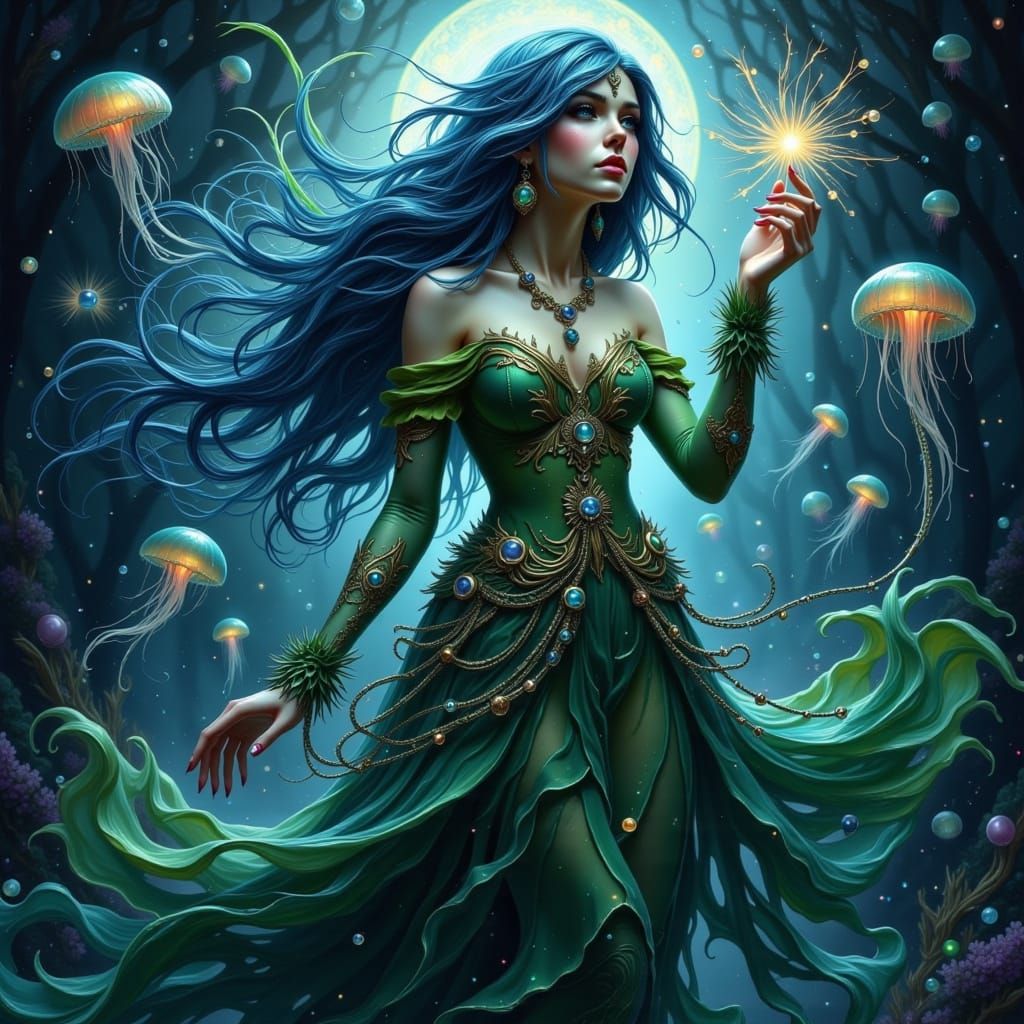 Mystical Sea Goddess in Dark Glitch Aesthetic