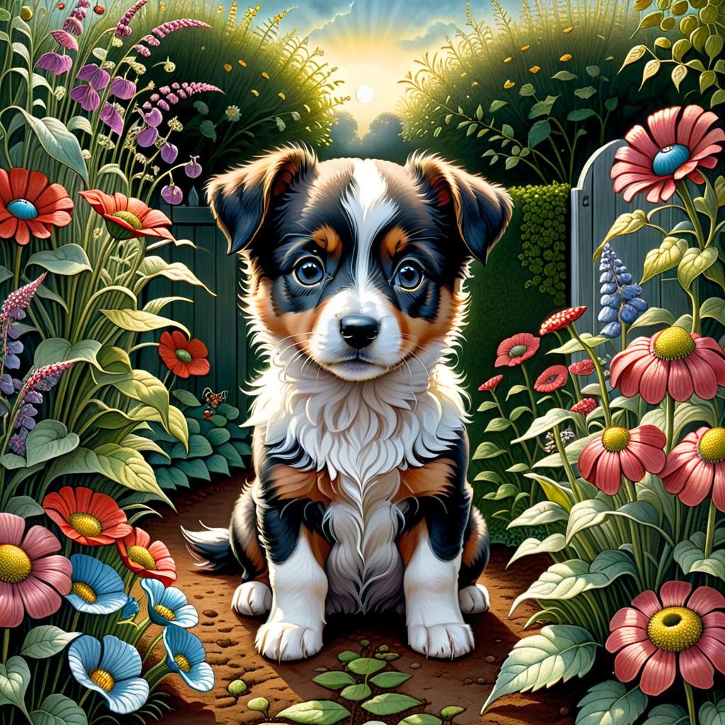 Puppy in Garden: Detailed, Romantic Illustration