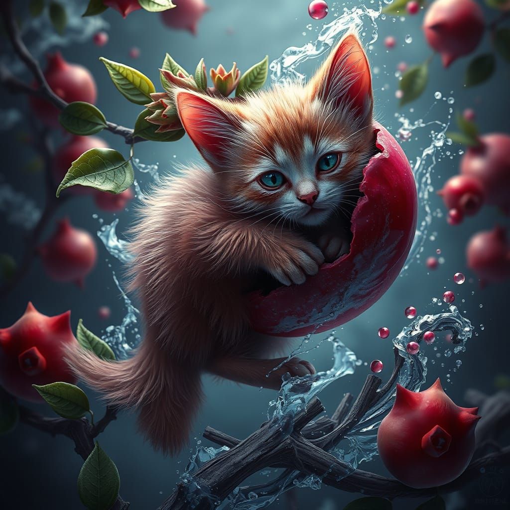 Whimsical Pomegranate Scene with Fused Kitten