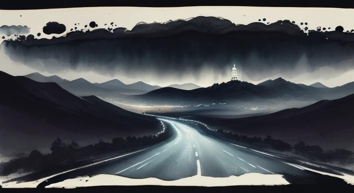 Nevada Night Road: Ink and Gouache Moonscape