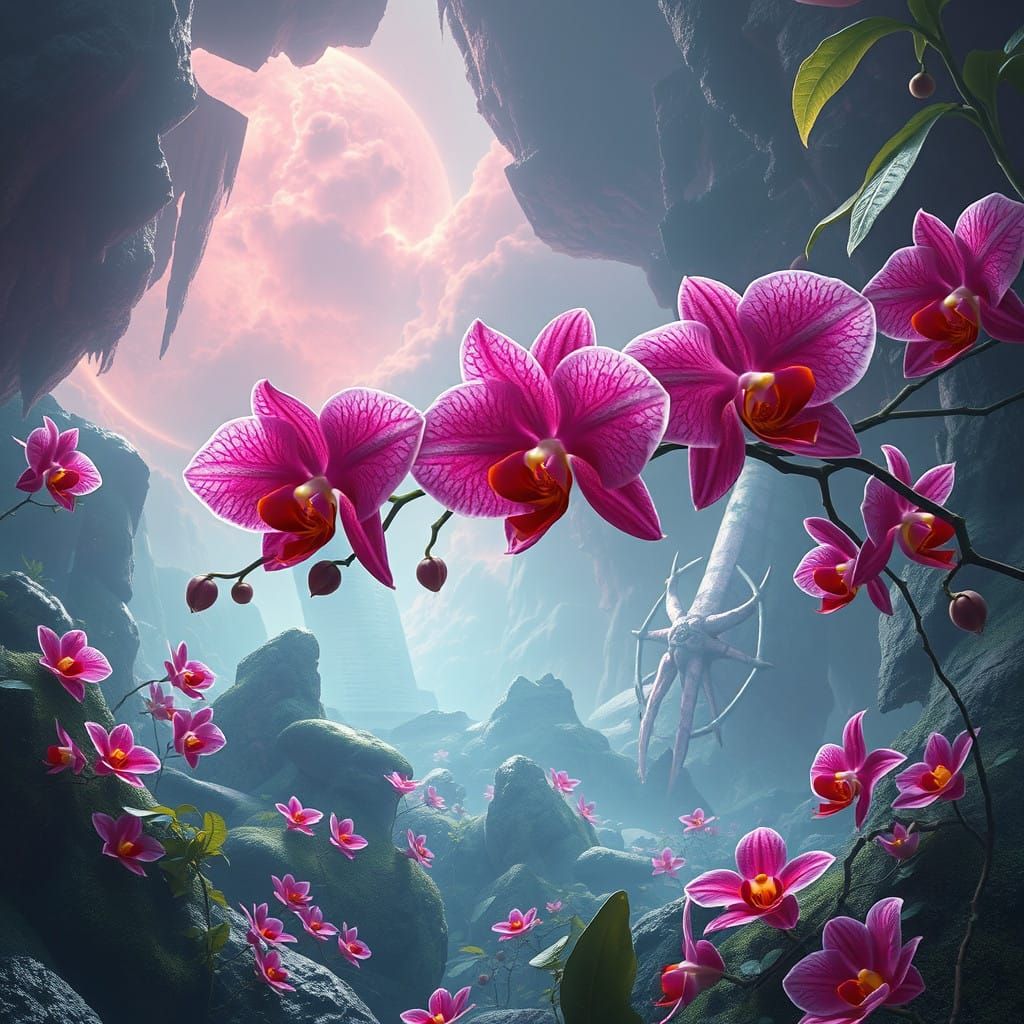 Fantasy Apple Bubble Orchids on a Dreamlike Landscape in Dys...