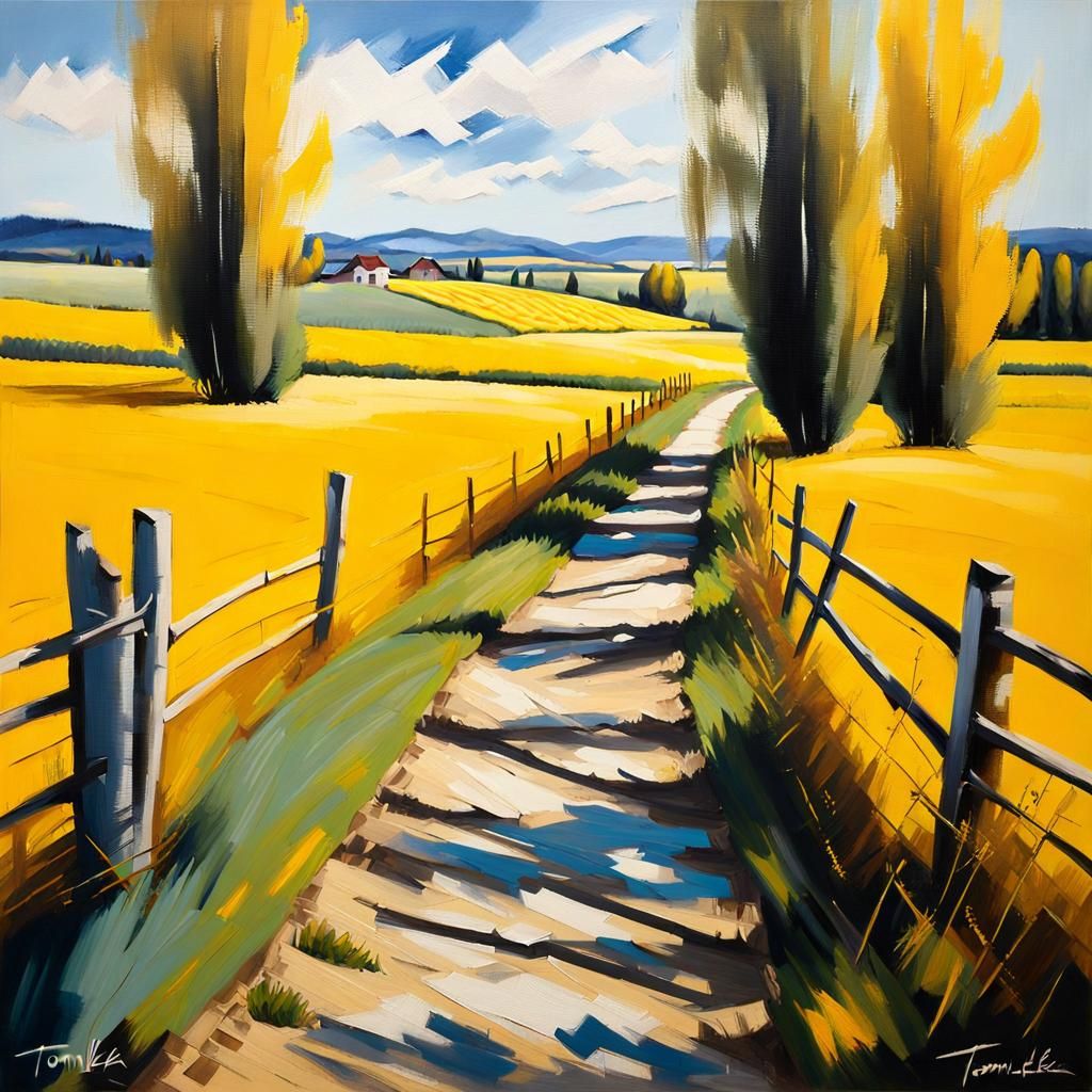 Blurred Path with Poplars: Oil Painting Aesthetic