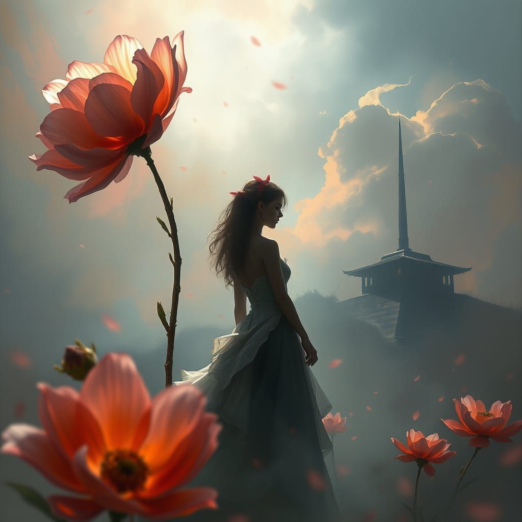 Mystic Flower Girl Silhouette in Detailed Aquarelle